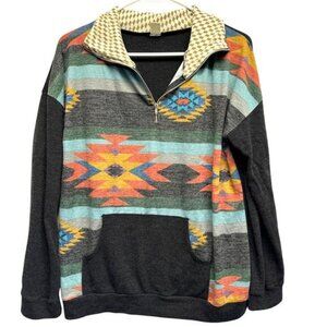 7th Ray LS Collared Women Unisex T‎ Shirt Boho Pouch Pocket Aztek M/L